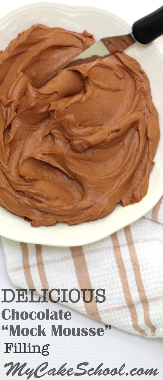 The most delicious, fluffy Chocolate "Mock Mousse" filling. Perfect for chocolate cakes and cupcakes! MyCakeSchool.com