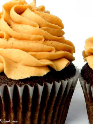 Closeup of a chocolate cupcake with peanut butter frosting.