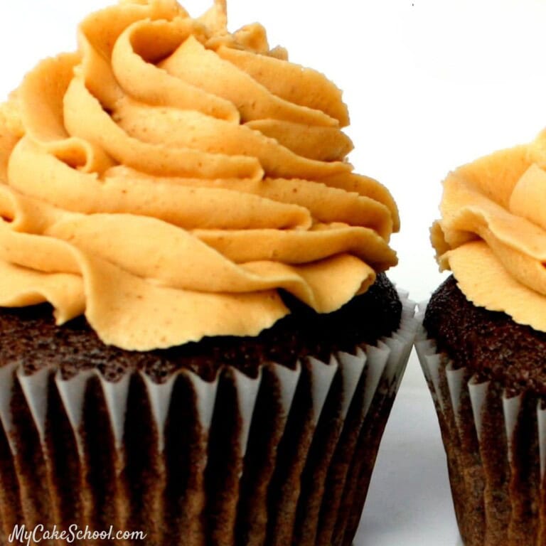 Closeup of a chocolate cupcake with peanut butter frosting.