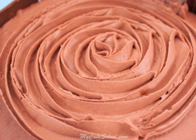 Delicious Fluffy Chocolate Frosting Recipe by MyCakeSchool.com! Fluffy consistency, tastes fabulous, and pipes beautifully! MyCakeSchool.com recipes, cake tutorials, videos, and more!