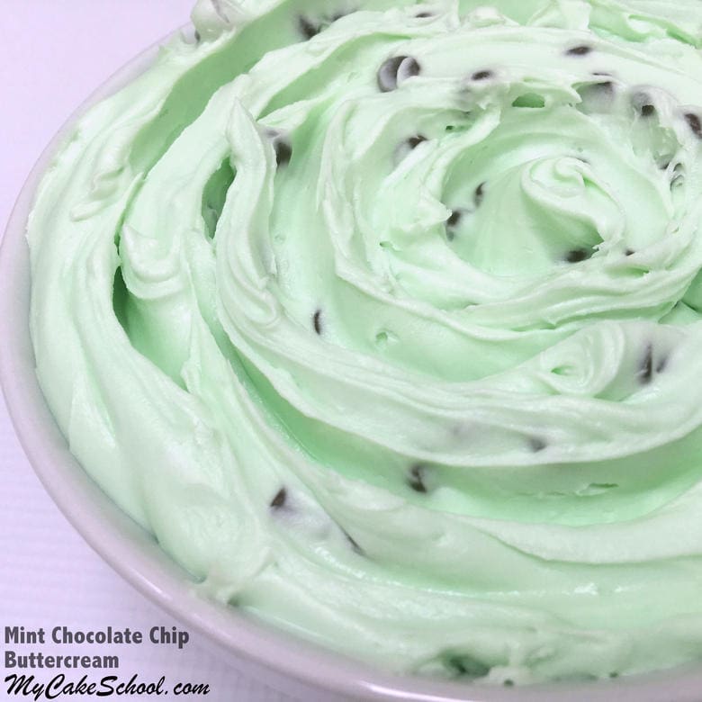 Creamy and Delicious Mint Chocolate Chip Buttercream Frosting Recipe! SO easy to make and perfect with chocolate cakes and cupcakes! MyCakeSchool.com.