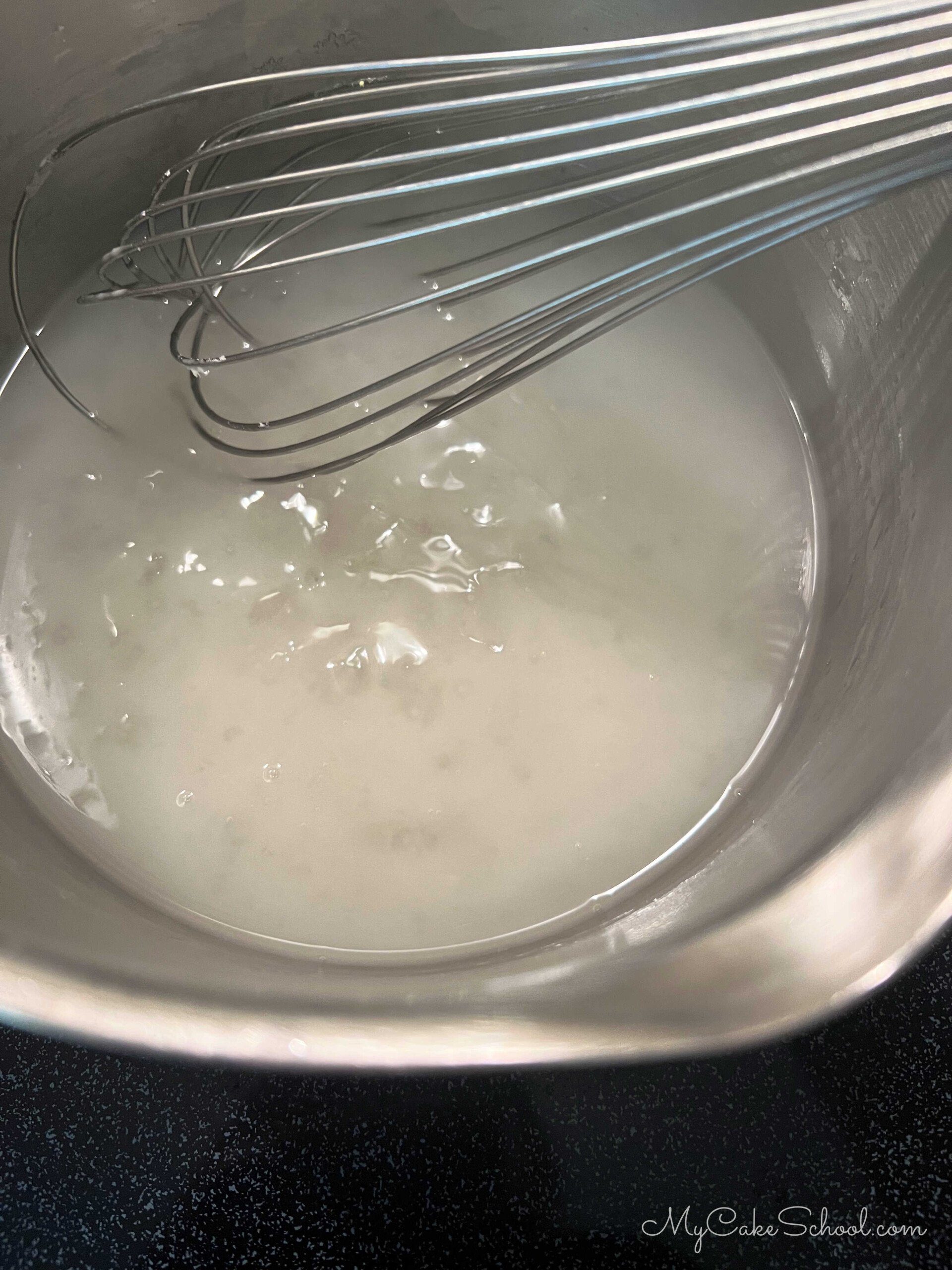 Heating sugar, cornstarch, and water in saucepan until thickened. Stir constantly with whisk.