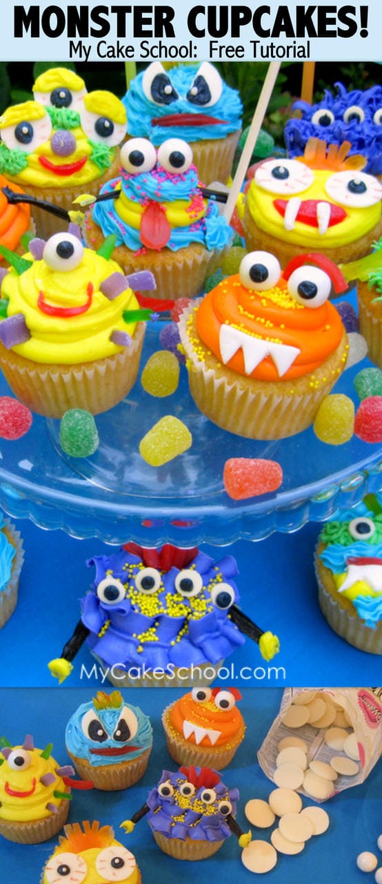 CUTE buttercream Monster Cupcakes! Free tutorial by MyCakeSchool.com!