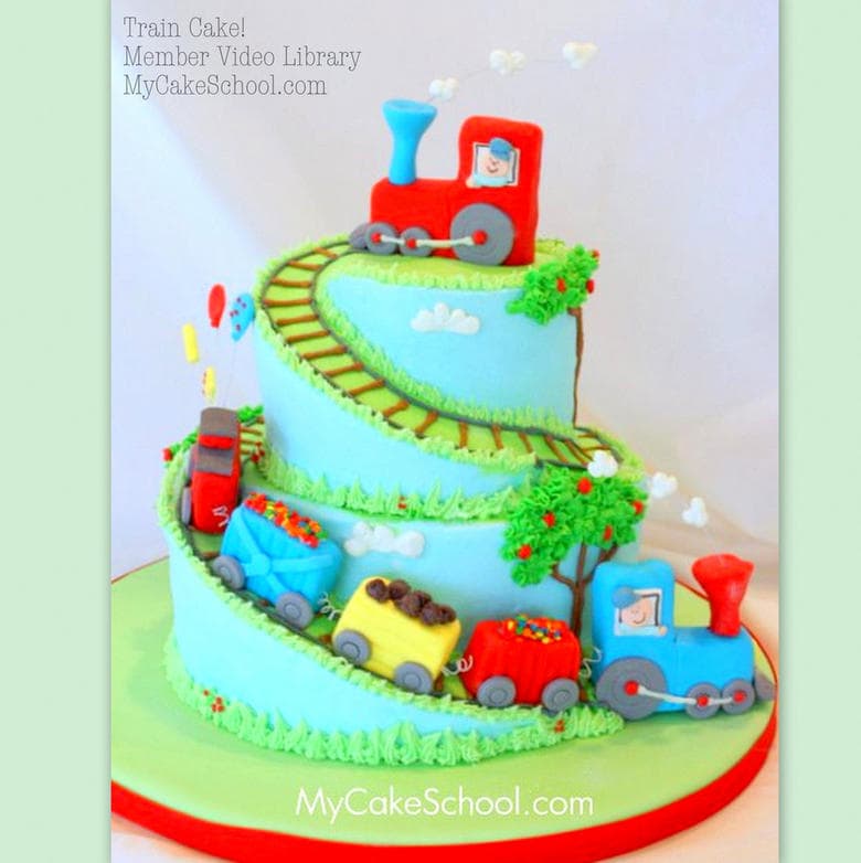 Adorable Train Cake with Spiraled Tiers- A Cake Decorating Video Tutorial from MyCakeSchool.com.