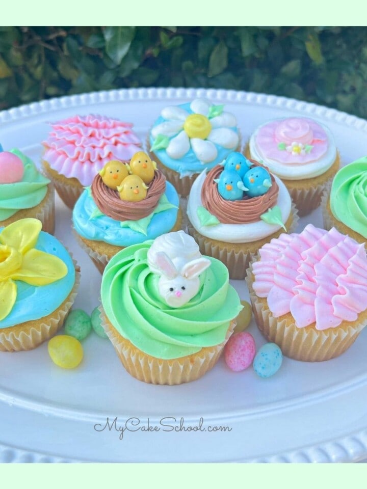 Platter of assorted decorated Easter Cupcakes