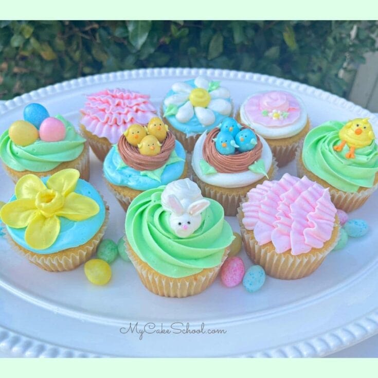 Platter of assorted decorated Easter Cupcakes