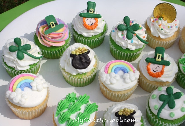 Adorable St. Patrick's Day Cupcake Tutorial by MyCakeSchool.com! Online cake tutorials, videos, recipes, and more!