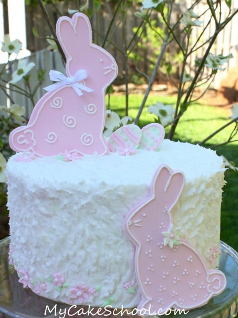 The CUTEST bunny cake! A simple, adorable free cake tutorial by My Cake School! Perfect for springtime and Easter gatherings!