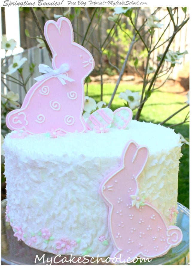 Adorable Springtime Bunnies Cake Tutorial by MyCakeSchool.com! Free Tutorial, and perfect for Springtime and Easter Gatherings and even baby showers! My Cake School online cake tutorials, recipes, videos, and more!