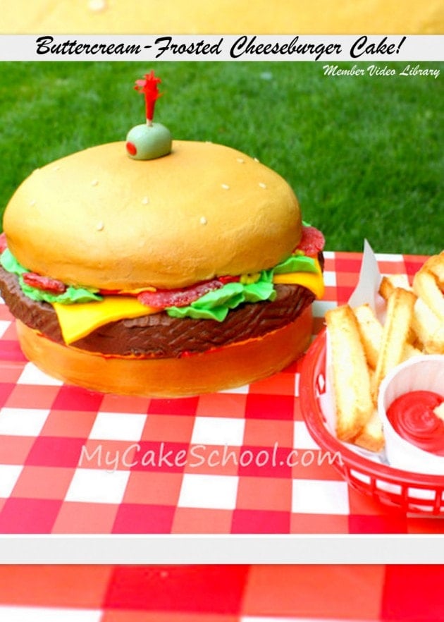 This Buttercream Cheeseburger Cake is always a crowd pleaser! Perfect for cookouts or burger fanatics! Member cake video tutorial by MyCakeSchool.com! Awesome frosted Cheeseburger Cake Video Tutorial by MyCakeSchool.com! Online Cake Classes & Recipes!