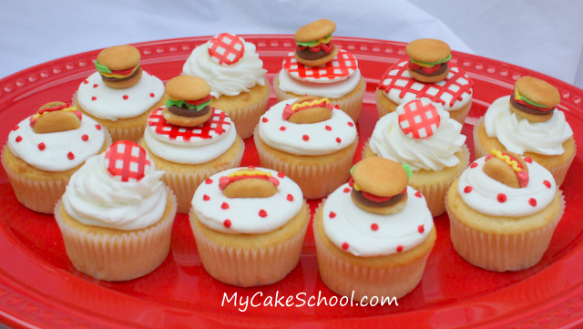 Fun and festive Cookout Cupcakes! Free cupcake decorating tutorial by MyCakeSchool.com. So EASY!