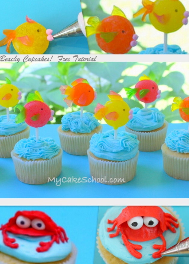 Adorable Beach Cupcakes featuring colorful fish and crabs! MyCakeSchool.com free cupcake tutorial!