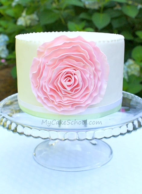 Beautiful Ruffled Fondant Rose Cake Tutorial by MyCakeSchool.com! Free Tutorial.