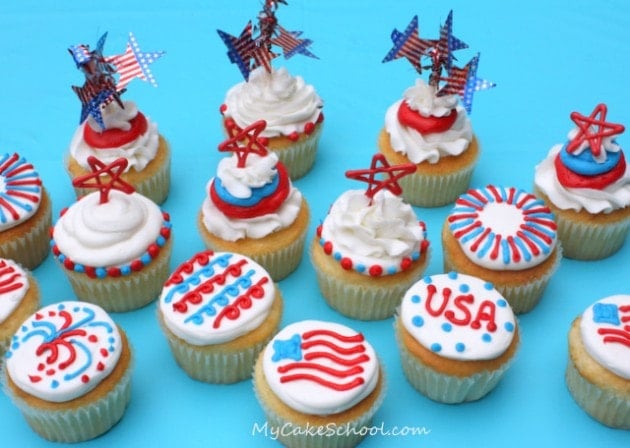 Free Tutorial for CUTE Fourth of July Cupcakes with Buttercream and Candy Coating accents! MyCakeSchool.com.