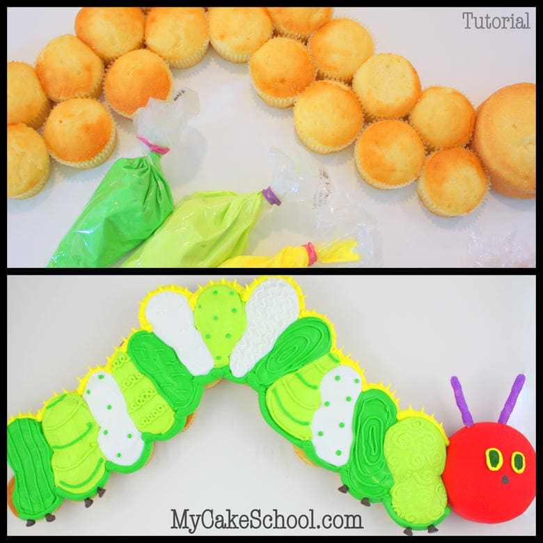 The Very Hungry Caterpillar! Pull-Apart Cupcake Tutorial by MyCakeSchool.com! Free tutorial. Online Cake Decorating Tutorials, Videos, and Recipes!