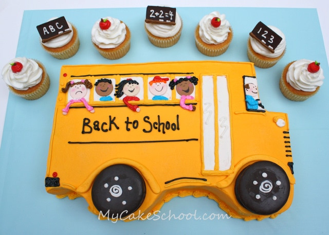 Adorable Back to School Cake and Cupcakes! Free cake decorating tutorial by MyCakeSchool.com! Online cake classes & recipes!