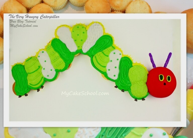 Adorable Very Hungry Caterpillar themed pull-apart cupcake cake! Cake decorating tutorial by MyCakeSchool.com! Online cake tutorials and recipes!