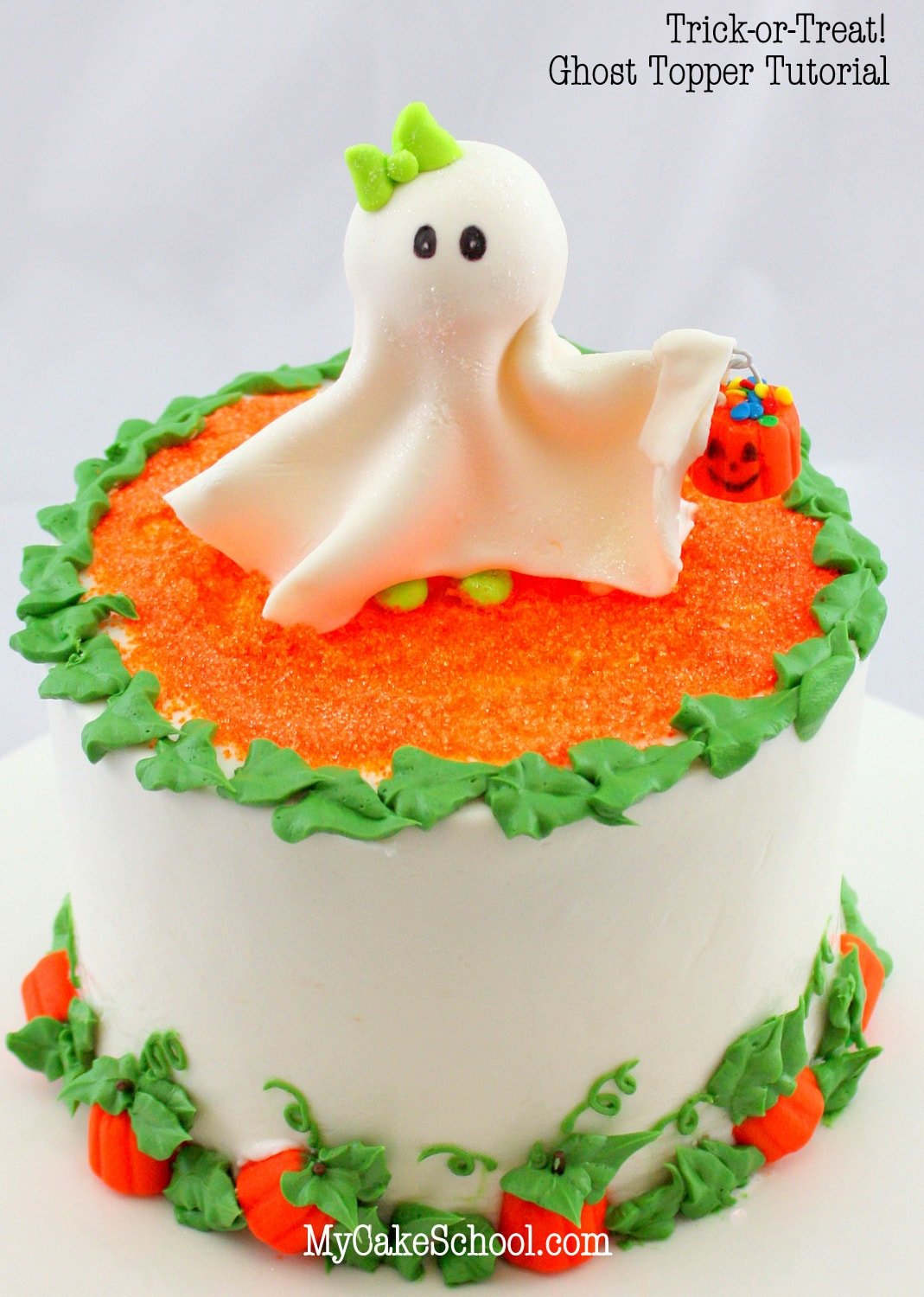 Adorable Ghost Topper and Pumpkin Patch Border! Free Cake Tutorial by MyCakeSchool.com