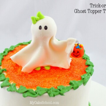 Adorable Halloween Cake Tutorial featuring a sweet Ghost Cake Topper and Pumpkin Patch Border! SO easy and festive! Free Cake Tutorial by MyCakeSchool.com!