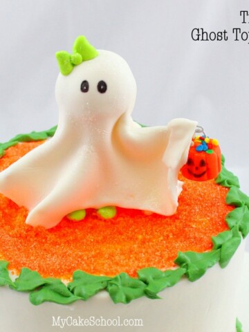 Adorable Halloween Cake Tutorial featuring a sweet Ghost Cake Topper and Pumpkin Patch Border! SO easy and festive! Free Cake Tutorial by MyCakeSchool.com!