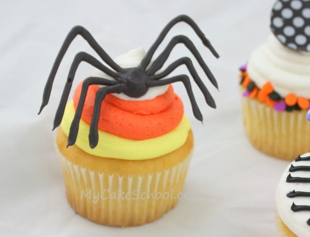 Spider Cupcake! From MyCakeSchool.com's CUTE and easy Halloween Cupcake Design tutorial!