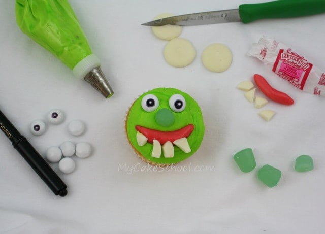 Funny Monster Cupcake from MyCakeSchool.com's free Halloween Cupcake Tutorial!