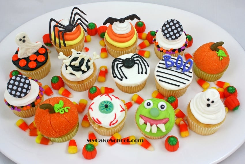 Platter of CUTE Halloween Cupcakes from MyCakeSchool.com's free tutorial! PERFECT for any Halloween party!