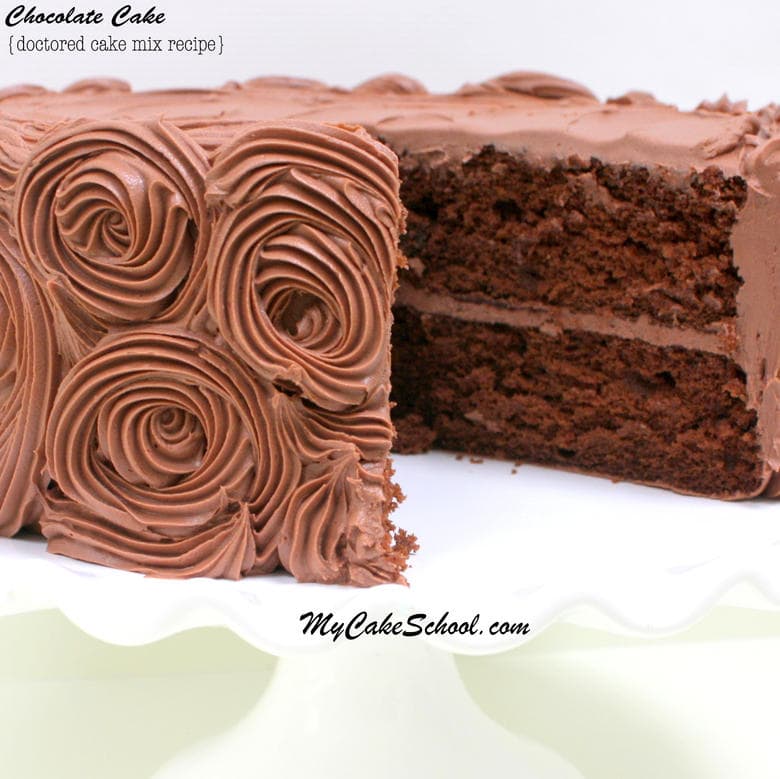 Fabulous Chocolate Cake Recipe-Doctored Cake Mix. Recipe by MyCakeSchool.com. Super moist, simple, and delicious!