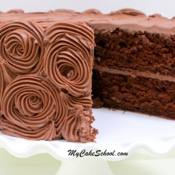 This fabulous Chocolate Cake Recipe starts with a cake mix! Quick, easy, and super moist. MyCakeSchool.com Online cake recipes, tutorials, videos, and more!