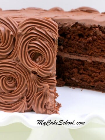This fabulous Chocolate Cake Recipe starts with a cake mix! Quick, easy, and super moist. MyCakeSchool.com Online cake recipes, tutorials, videos, and more!