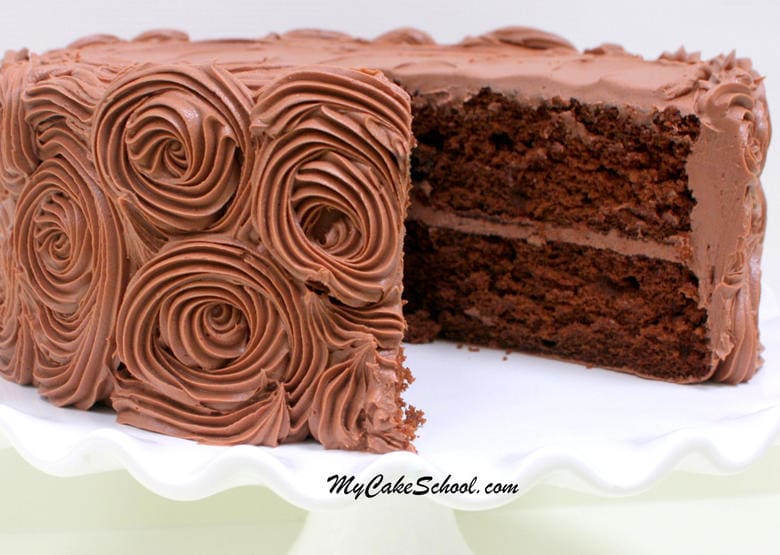 This fabulous Chocolate Cake Recipe starts with a cake mix! Quick, easy, and super moist. MyCakeSchool.com Online cake recipes, tutorials, videos, and more!