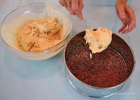 Delicious Butter Pecan and Pumpkin Ice Cream Cake! Perfect for fall gatherings and so simple to make! Recipe by MyCakeSchool.com!