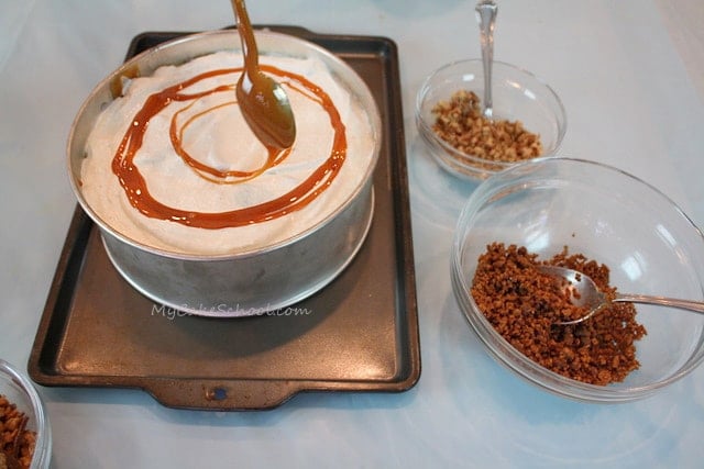 Delicious Butter Pecan and Pumpkin Ice Cream Cake! Perfect for fall gatherings and so simple to make! Recipe by MyCakeSchool.com!