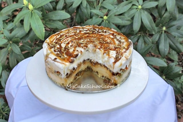 Delicious Butter Pecan and Pumpkin Ice Cream Cake! Perfect for fall gatherings and so simple to make! Recipe by MyCakeSchool.com!