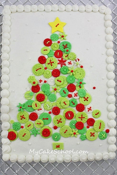 Free Christmas Tree of Buttons Cake Tutorial by MyCakeSchool.com! This cake is so simple and unique! 