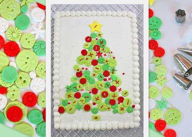 Beautiful Christmas Tree Cake Tutorial by MyCakeSchool.com! Fondant buttons make this cake design truly unique (and simple to create!)