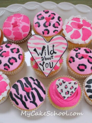 Wild About You! These adorable animal print cupcakes are perfect for Valentine's Day! Free Cupcake Tutorial by MyCakeSchool.com!