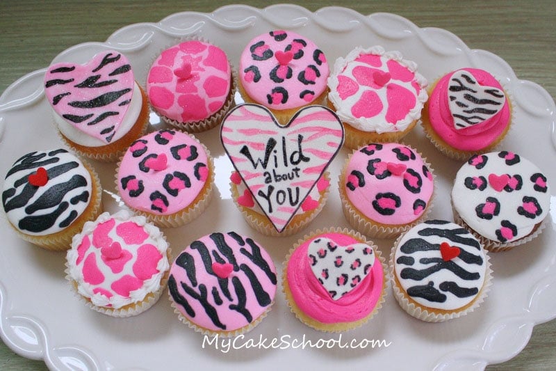 Wild About You! These adorable animal print cupcakes are perfect for Valentine's Day! Free Cupcake Tutorial by MyCakeSchool.com!