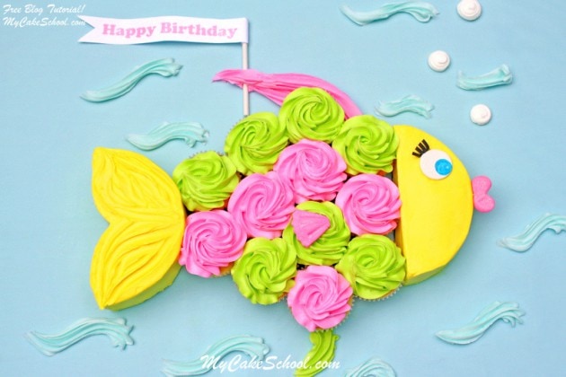 Adorable Fish Cupcake Cake Tutorial by MyCakeSchool.com! Perfect for beach parties and pool parties! Free tutorial.