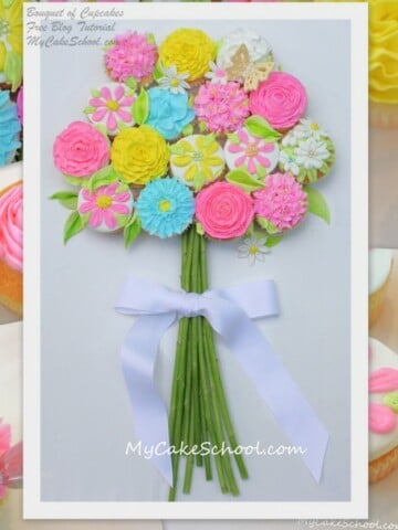 Learn to pipe buttercream flowers and how to make a beautiful bouquet of buttercream cupcakes in this MyCakeSchool.com free cupcake tutorial!