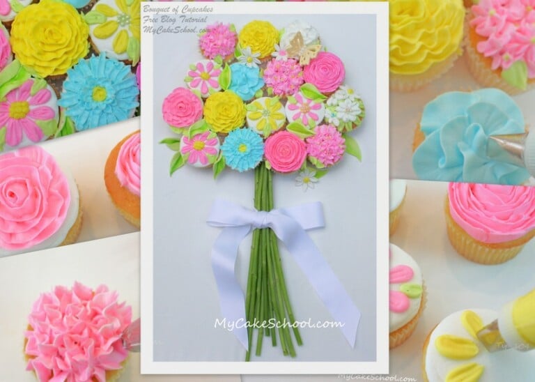 Learn to pipe buttercream flowers and how to make a beautiful bouquet of buttercream cupcakes in this MyCakeSchool.com free cupcake tutorial!