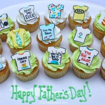 Free Father's Day Cupcake Tutorial by MyCakeSchool.com! Adorable Tie and Tshirt cupcake toppers!