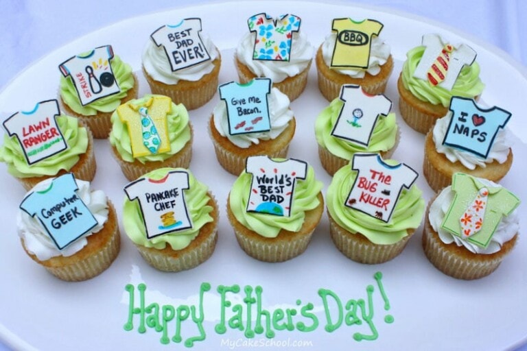Free Father's Day Cupcake Tutorial by MyCakeSchool.com! Adorable Tie and Tshirt cupcake toppers!