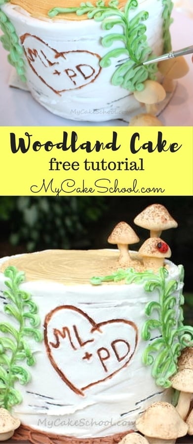 Free Cake Tutorial! Beautiful Woodland Themed Cake featuring a buttercream birch tree stump. With the carved initials, this would make a great anniversary cake or wedding tier!