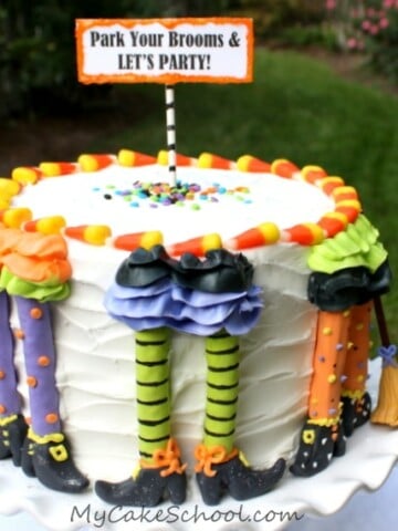 This funny Witch Cake Tutorial is the PERFECT Halloween Party Cake for kids and adults! Free Cake Tutorial by MyCakeSchool.com!