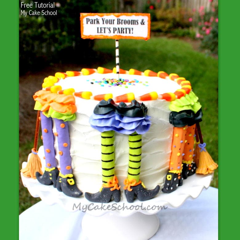 CUTE Free Halloween Cake Tutorial by MyCakeSchool.com featuring witch legs and brooms!! This "Park Your Brooms and Let's Party" themed cake is perfect for both kids and adults! 