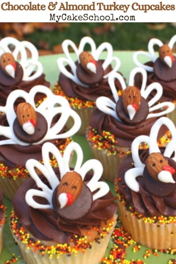 Chocolate and Almond Turkey Cupcake Tutorial- These CUTE and easy Turkey Cupcakes are so cute for Thanksgiving celebrations! Learn how to make them in our free step by step cupcake tutorial!