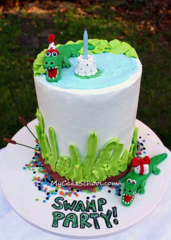 Alligator Swamp Party Cake! Learn to model CUTE alligators in this free cake decorating tutorial by MyCakeSchool.com!