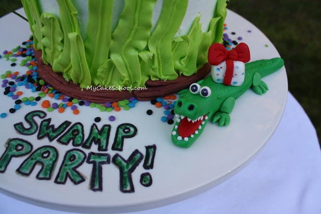 Alligator Swamp Party Cake! Learn to model CUTE alligators in this free cake decorating tutorial by MyCakeSchool.com!