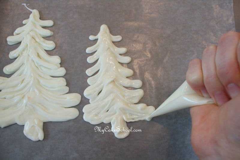 Gorgeous Winter Wonderland Free Cake Tutorial by MyCakeSchool.com! Learn to Make Elegant and easy Chocolate Tree Toppers!